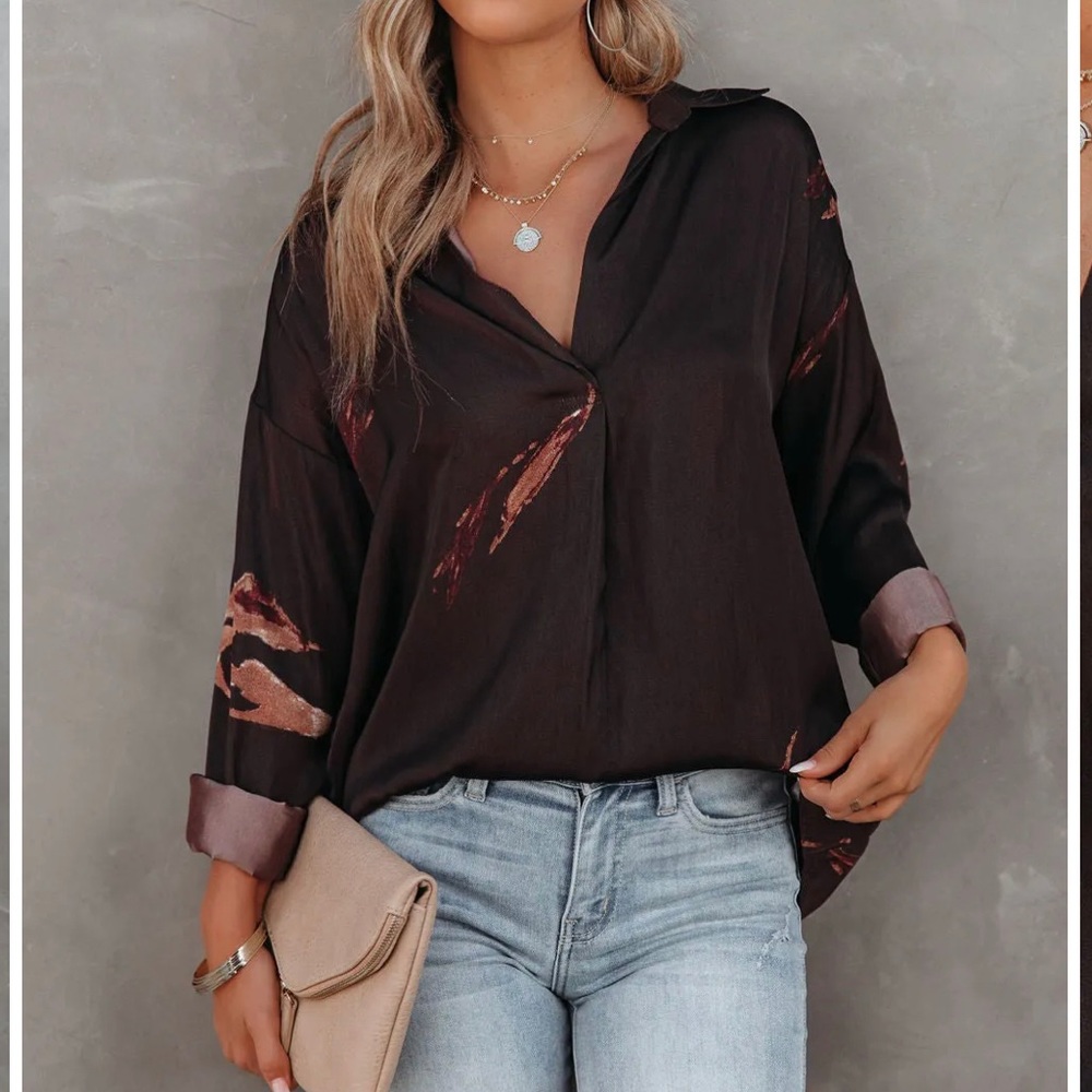 SATIN COLLARED BLOUSE - BROWN
